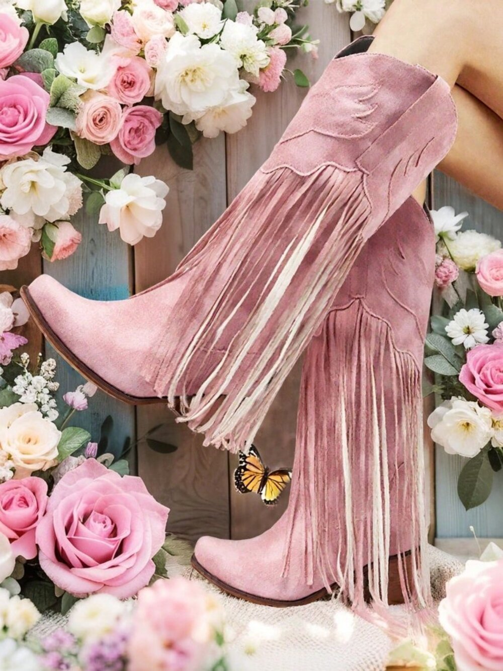 Pink Western Women's fringed detailed faux suede Cowboy Boots